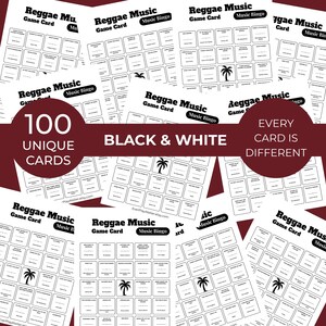 Puede incluir: Una colecci&oacute;n de tarjetas de juego de bingo de Reggae Music en blanco y negro. Las tarjetas presentan un gr&aacute;fico de palmera y el texto "100 tarjetas &uacute;nicas", "Blanco y negro" y "Cada tarjeta es diferente".