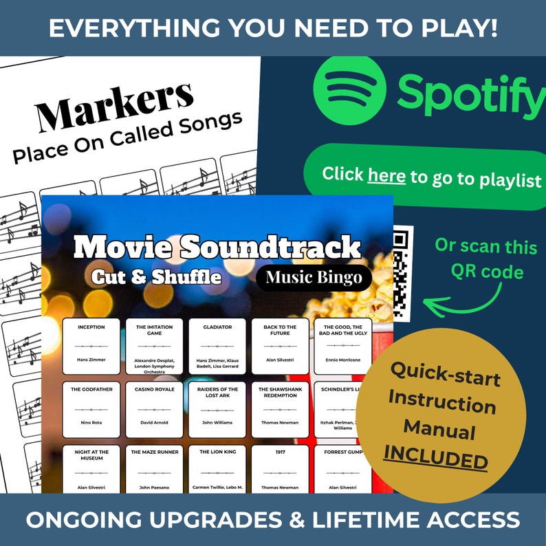 MOVIES SOUNDTRACK Music Bingo Game • 100 Printable Cards • 75 Songs • Spotify Playlist (Digital Download) bild 2
