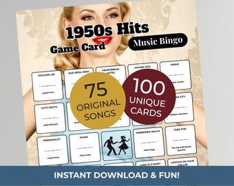 1950s Music Bingo Game | 100 Printable Cards | 75 Songs & Spotify Playlist | Digital Product