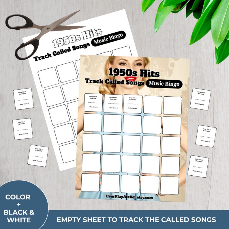 May include: A 1950s Hits Music Bingo game sheet with a vintage aesthetic. The sheet features a retro image of a woman and includes spaces for song titles and artist names. Scissors and small cards are also present.