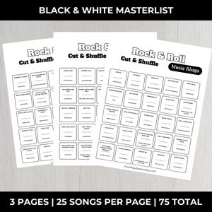 May include: Three black and white bingo sheets with song titles, labelled "Rock & Roll Music Bingo." The sheets include song titles like "Bye Bye Love" and "Johnny B. Goode." The text "Black & White Masterlist" is at the top.