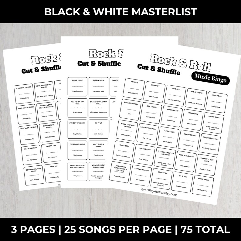 May include: Three black and white bingo sheets with song titles, labelled "Rock & Roll Music Bingo." The sheets include song titles like "Bye Bye Love" and "Johnny B. Goode." The text "Black & White Masterlist" is at the top.
