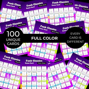 May include: A collection of "Funk Classics Music Bingo" game cards. Each card is a different full color design with 100 unique cards. The cards have a purple and neon color scheme with the text "Funk Classics Game Card Music Bingo".
