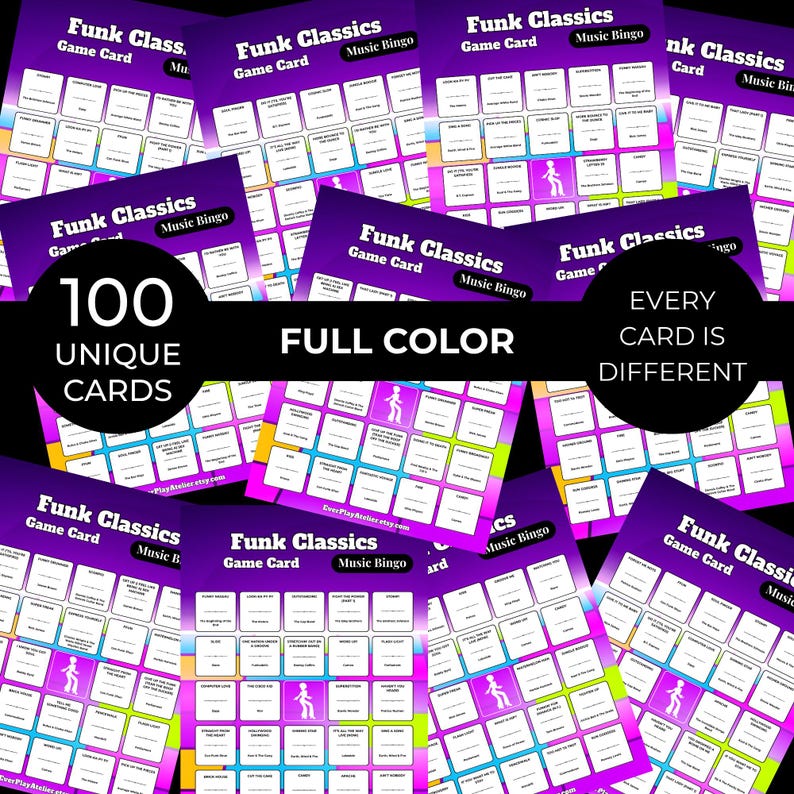 May include: A collection of "Funk Classics Music Bingo" game cards. Each card is a different full color design with 100 unique cards. The cards have a purple and neon color scheme with the text "Funk Classics Game Card Music Bingo".