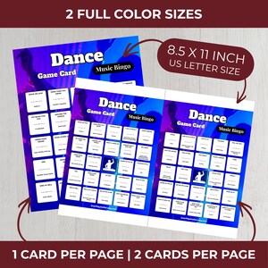 Puede incluir: Dos tarjetas de juego de bingo musical Dance con un fondo degradado p&uacute;rpura y azul. Las tarjetas miden 21,6 x 27,9 cm. El texto de las tarjetas incluye "Dance Game Card" y "Music Bingo". Las tarjetas est&aacute;n dise&ntilde;adas con 1 o 2 tarjetas por p&aacute;gina.
