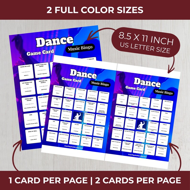 Puede incluir: Dos tarjetas de juego de bingo musical Dance con un fondo degradado p&uacute;rpura y azul. Las tarjetas miden 21,6 x 27,9 cm. El texto de las tarjetas incluye "Dance Game Card" y "Music Bingo". Las tarjetas est&aacute;n dise&ntilde;adas con 1 o 2 tarjetas por p&aacute;gina.
