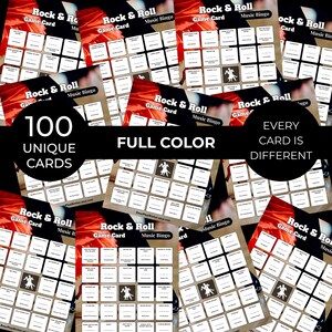 May include: A selection of Rock & Roll Music Bingo game cards. Each card has a grid of squares with song titles and a dancing couple graphic. The cards are full colour and the text reads "100 Unique Cards" and "Every Card is Different."