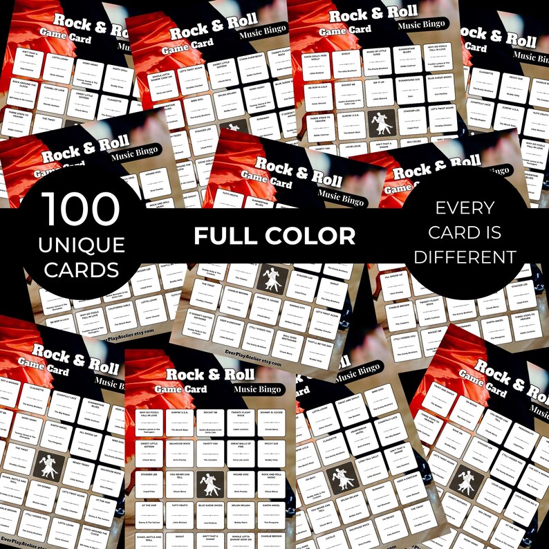 May include: A selection of Rock & Roll Music Bingo game cards. Each card has a grid of squares with song titles and a dancing couple graphic. The cards are full colour and the text reads "100 Unique Cards" and "Every Card is Different."