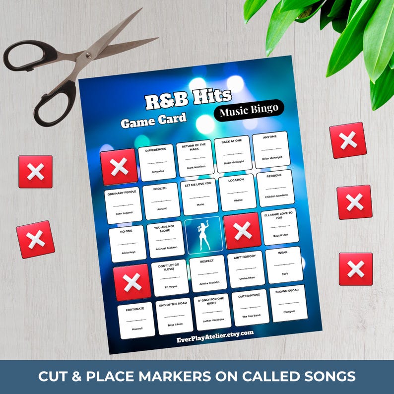May include: A blue R&B Hits Music Bingo game card with song titles and a dancer graphic. Red X markers and scissors are scattered around the card. The text "CUT & PLACE MARKERS ON CALLED SONGS" is at the bottom.