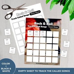 May include: A Rock & Roll music bingo game set with two sheets and small cards. The sheets have a grid of blank squares to track songs. The text "Rock & Roll Track Called Songs Music Bingo" is printed on the sheets. Scissors are on the top left.