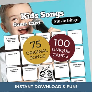 Puede incluir: Una tarjeta de juego "Kids Songs Music Bingo" con un ni&ntilde;o sosteniendo un micr&oacute;fono. La tarjeta presenta 100 cartas &uacute;nicas y 75 canciones originales. El texto "Instant Download & Fun!" est&aacute; en la parte inferior.