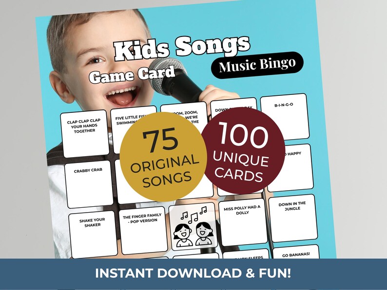 Puede incluir: Una tarjeta de juego "Kids Songs Music Bingo" con un ni&ntilde;o sosteniendo un micr&oacute;fono. La tarjeta presenta 100 cartas &uacute;nicas y 75 canciones originales. El texto "Instant Download & Fun!" est&aacute; en la parte inferior.