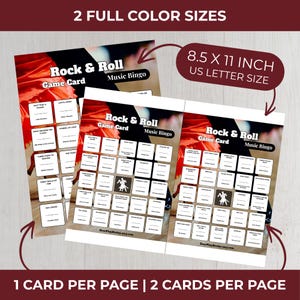 May include: Three Rock & Roll Music Bingo game cards. Each card is 21.6 x 27.9 cm and features a red and white design. The cards have a grid of squares with song titles. The text "Rock & Roll Game Card Music Bingo" is at the top.