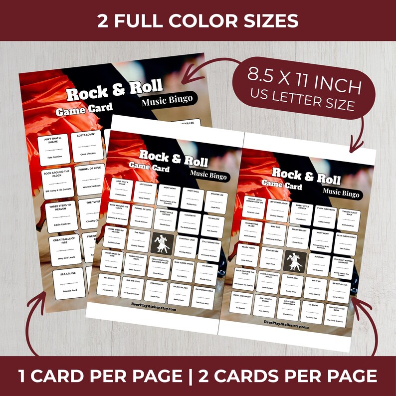 May include: Three Rock & Roll Music Bingo game cards. Each card is 21.6 x 27.9 cm and features a red and white design. The cards have a grid of squares with song titles. The text "Rock & Roll Game Card Music Bingo" is at the top.