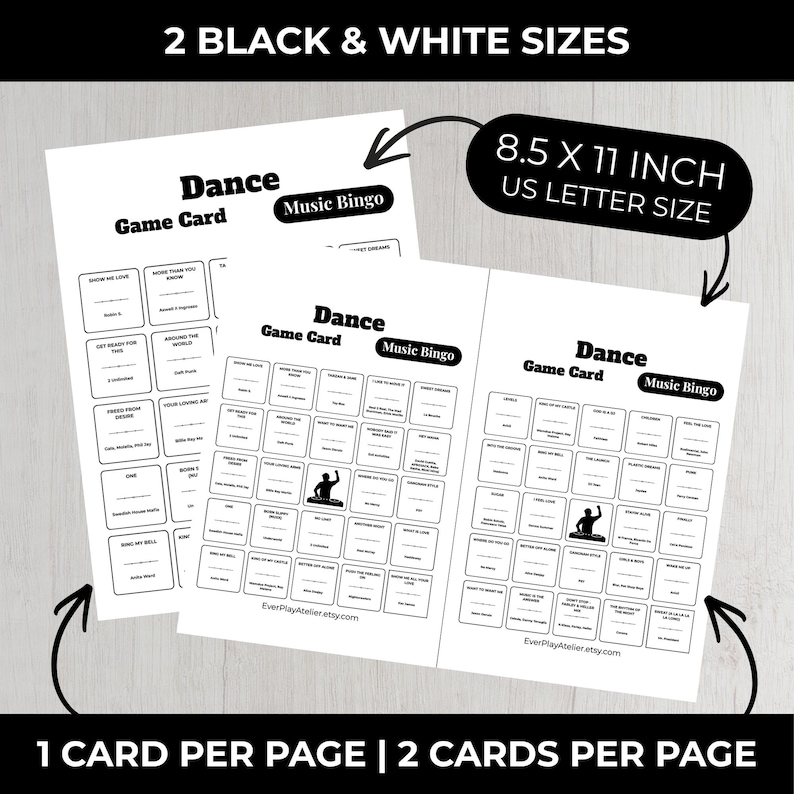 Puede incluir: Dos tarjetas de juego de Bingo de baile en blanco y negro. Cada tarjeta mide 21,6 x 27,9 cm, tama&ntilde;o US Letter. Las tarjetas tienen una cuadr&iacute;cula de casillas con t&iacute;tulos de canciones y una silueta de bailar&iacute;n. El texto incluye "Dance Game Card" y "Music Bingo".