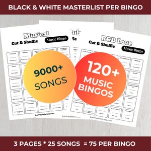 Pode incluir: Folhas de bingo musical em preto e branco com o texto "Musical" e "R&B Love". As folhas incluem o texto "Cut & Shuffle" e "Music Bingo". A imagem tamb&eacute;m inclui dois c&iacute;rculos com o texto "9000+ SONGS" e "120+ MUSIC BINGOS".