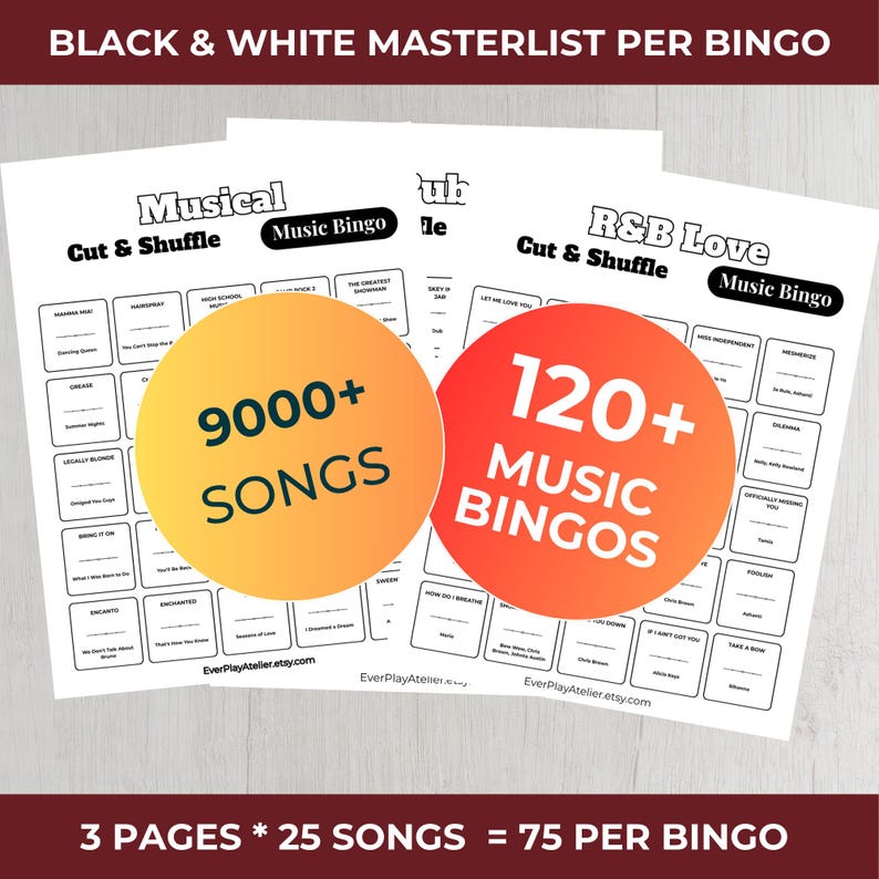 Pode incluir: Folhas de bingo musical em preto e branco com o texto "Musical" e "R&B Love". As folhas incluem o texto "Cut & Shuffle" e "Music Bingo". A imagem tamb&eacute;m inclui dois c&iacute;rculos com o texto "9000+ SONGS" e "120+ MUSIC BINGOS".