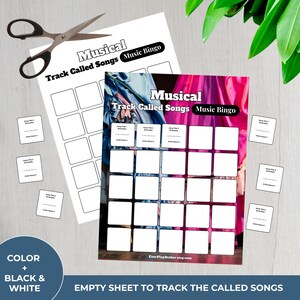 Peut inclure: Deux feuilles de "Musical Track Called Songs Music Bingo" avec des cases vides, accompagn&eacute;es de petites cartes pour les titres de chansons et les noms d'artistes. Une paire de ciseaux est au-dessus des feuilles. Le texte "COLOR + BLACK & WHITE" est visible.