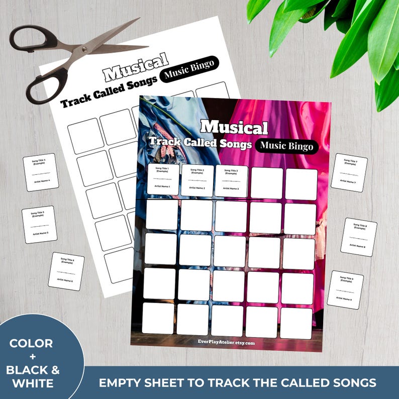 Peut inclure: Deux feuilles de "Musical Track Called Songs Music Bingo" avec des cases vides, accompagn&eacute;es de petites cartes pour les titres de chansons et les noms d'artistes. Une paire de ciseaux est au-dessus des feuilles. Le texte "COLOR + BLACK & WHITE" est visible.