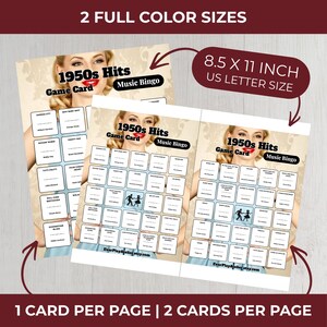 May include: Printed game cards for 1950s Hits Music Bingo. The cards are 8.5 x 11 inches in size and feature a vintage design with a woman's portrait. The text on the cards includes "1950s Hits Game Card Music Bingo".