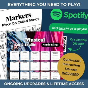 Peut inclure: Un jeu sur le th&egrave;me des com&eacute;dies musicales avec le texte "Markers Place On Called Songs" et "Musical Cut & Shuffle Music Bingo." Comprend un logo Spotify, un code QR et un manuel d'instructions. Le jeu pr&eacute;sente des com&eacute;dies musicales populaires.
