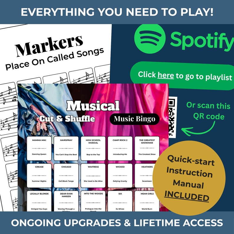Peut inclure: Un jeu sur le th&egrave;me des com&eacute;dies musicales avec le texte "Markers Place On Called Songs" et "Musical Cut & Shuffle Music Bingo." Comprend un logo Spotify, un code QR et un manuel d'instructions. Le jeu pr&eacute;sente des com&eacute;dies musicales populaires.