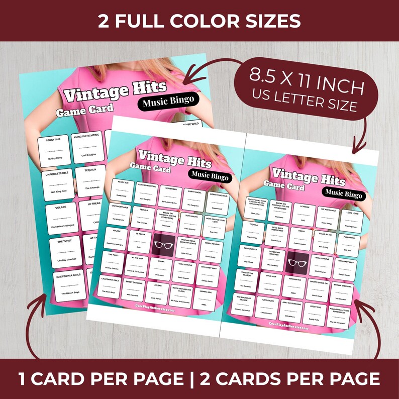 May include: Two "Vintage Hits Music Bingo" game cards, 8.5 x 11 inches, with a pink and white design. The cards feature song titles and the text "2 Full Color Sizes" and "1 Card Per Page | 2 Cards Per Page".