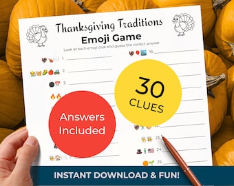 THANKSGIVING TRADITIONS Emoji Game & Group Presentation Trivia Quiz (2-in-1!) • 30 Pictionairy Clues • Printable Puzzle