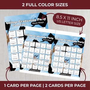 May include: Two "College Graduation Party Music Bingo" game cards. Each card is 8.5 x 11 inches. The cards have a blue sky background with graduation caps and hands reaching up. The cards have a grid of song titles.