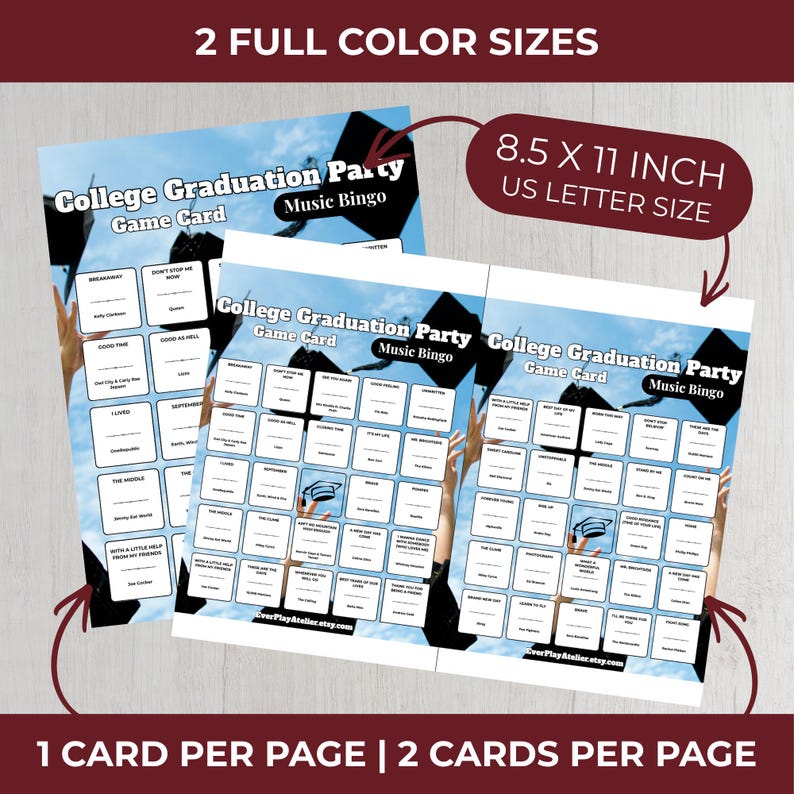 May include: Two "College Graduation Party Music Bingo" game cards. Each card is 8.5 x 11 inches. The cards have a blue sky background with graduation caps and hands reaching up. The cards have a grid of song titles.