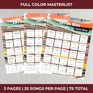 May include: Three sheets of 1970s music bingo cards with a retro design. Each card features a grid of song titles, with a vinyl record graphic at the top. The text "1970s Hits" and "Cut & Shuffle" are visible.