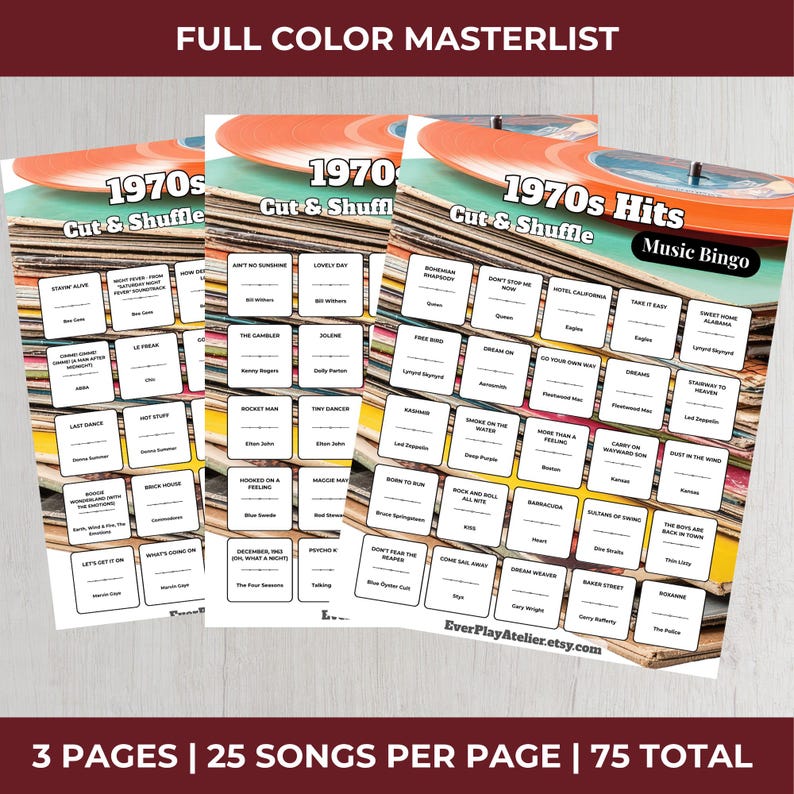 May include: Three sheets of 1970s music bingo cards with a retro design. Each card features a grid of song titles, with a vinyl record graphic at the top. The text "1970s Hits" and "Cut & Shuffle" are visible.