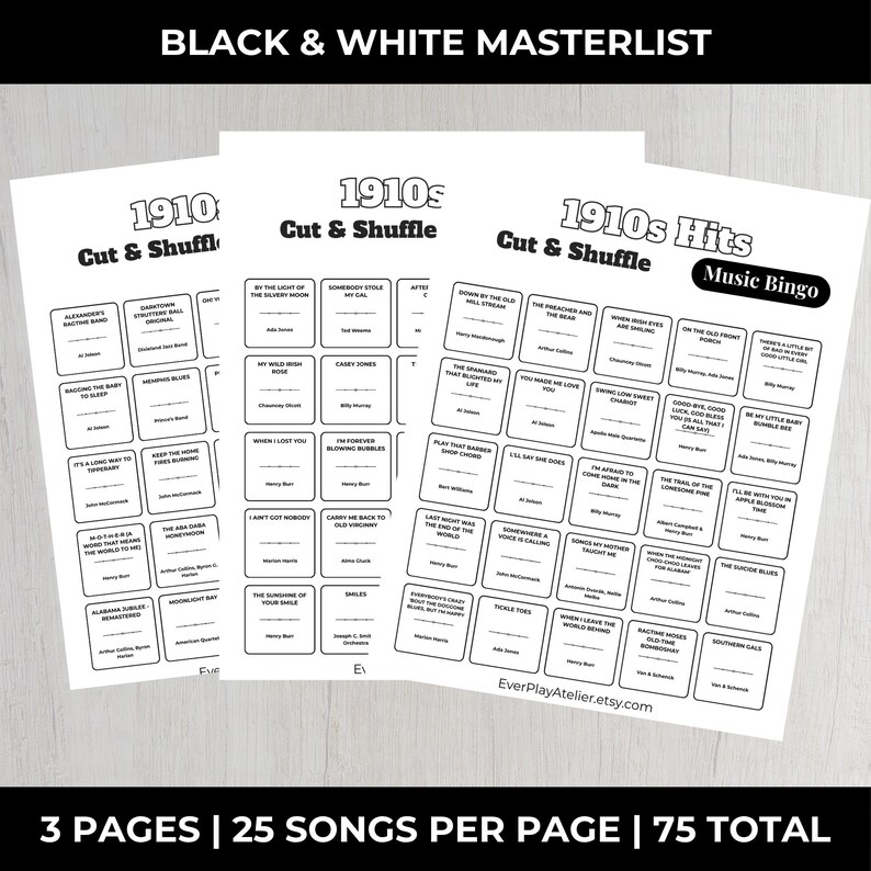 May include: Three black and white bingo sheets with song titles from the 1910s. The sheets are labeled "1910s Cut & Shuffle" and "1910s Hits Music Bingo". The text "BLACK & WHITE MASTERLIST" is at the top.
