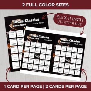 Pode incluir: Duas cartas de jogo de bingo musical Blues Classics. Cada carta mede 21,6 x 27,9 cm. As cartas apresentam um gr&aacute;fico de um m&uacute;sico com chap&eacute;u e guitarra. O texto nas cartas diz "Blues Classics Game Card Music Bingo".