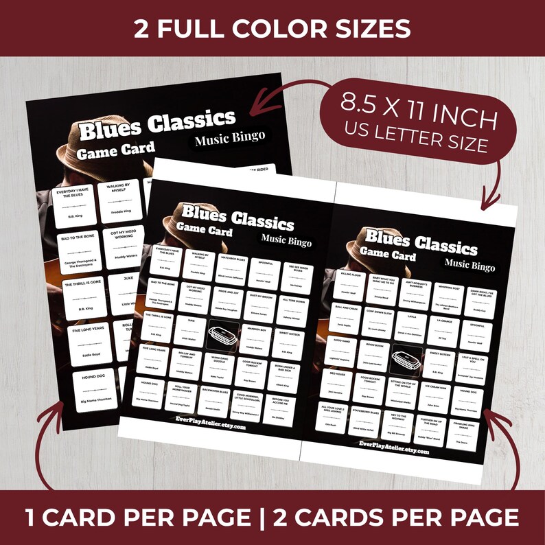 Pode incluir: Duas cartas de jogo de bingo musical Blues Classics. Cada carta mede 21,6 x 27,9 cm. As cartas apresentam um gr&aacute;fico de um m&uacute;sico com chap&eacute;u e guitarra. O texto nas cartas diz "Blues Classics Game Card Music Bingo".