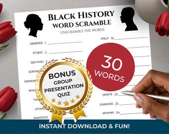 BLACK HISTORY Word Scramble Game • 30 words • Group Trivia Quiz (included!) • Printable Puzzle (Download)