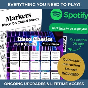 May include: A Disco Classics Music Bingo game with song titles and artist names. Includes a quick-start instruction manual. The image also features a Spotify logo and a QR code to access a playlist.