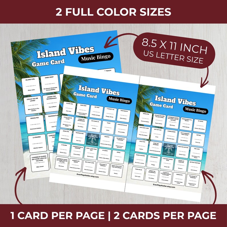 Puede incluir: Dos tarjetas de juego "Island Vibes Music Bingo" con un fondo de escena de playa tropical. Las tarjetas miden 21,6 x 27,9 cm y presentan una cuadr&iacute;cula de t&iacute;tulos de canciones. El texto en las tarjetas incluye "Island Vibes Game Card" y "Music Bingo".