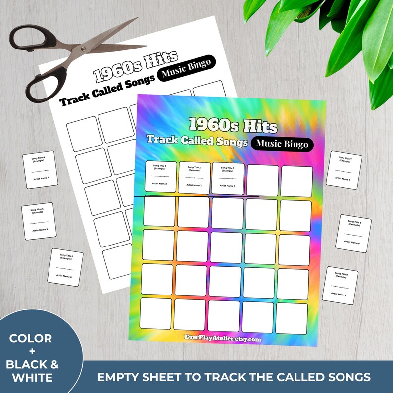 May include: Two sheets of 1960s Hits Music Bingo, one white and one with a tie-dye background. The white sheet has blank squares and the text "Track Called Songs Music Bingo". Scissors are at the top. Small cards are scattered around.