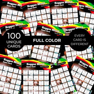 Puede incluir: Una colecci&oacute;n de tarjetas de juego de Bingo de Reggae Music. Cada tarjeta presenta una cuadr&iacute;cula de casillas con t&iacute;tulos de canciones y un gr&aacute;fico de palmera. Las tarjetas son a todo color y cada una de las 100 tarjetas es &uacute;nica. El texto en las tarjetas dice "Reggae Music Game Card Music Bingo".