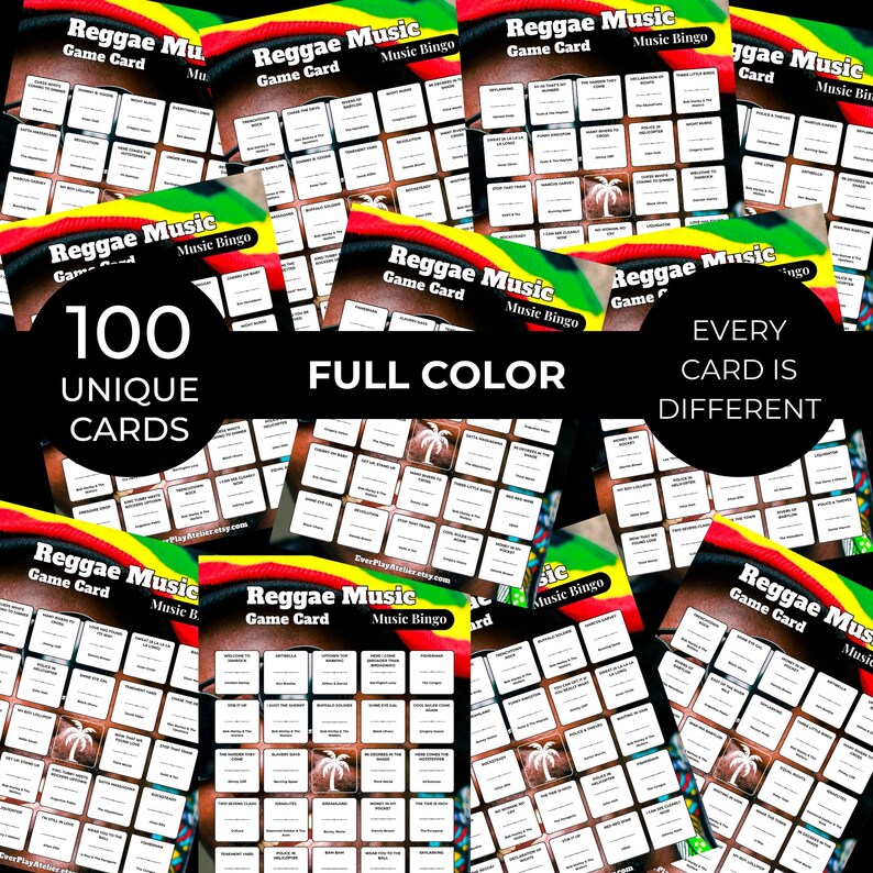 Puede incluir: Una colecci&oacute;n de tarjetas de juego de Bingo de Reggae Music. Cada tarjeta presenta una cuadr&iacute;cula de casillas con t&iacute;tulos de canciones y un gr&aacute;fico de palmera. Las tarjetas son a todo color y cada una de las 100 tarjetas es &uacute;nica. El texto en las tarjetas dice "Reggae Music Game Card Music Bingo".