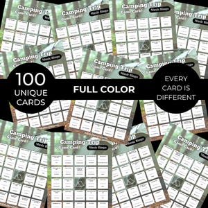 Puede incluir: Una colecci&oacute;n de tarjetas de juego "Camping Trip Music Bingo". Cada tarjeta presenta una cuadr&iacute;cula de casillas con palabras y frases tem&aacute;ticas de acampada. La imagen incluye el texto "100 tarjetas &uacute;nicas", "A todo color" y "Cada tarjeta es diferente".