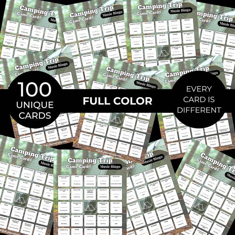 Puede incluir: Una colecci&oacute;n de tarjetas de juego "Camping Trip Music Bingo". Cada tarjeta presenta una cuadr&iacute;cula de casillas con palabras y frases tem&aacute;ticas de acampada. La imagen incluye el texto "100 tarjetas &uacute;nicas", "A todo color" y "Cada tarjeta es diferente".