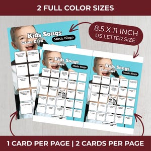 Puede incluir: Dos tarjetas de juego "Kids Songs Music Bingo", cada una de 21,6 x 27,9 cm, con un ni&ntilde;o con un micr&oacute;fono. Las tarjetas tienen un fondo azul claro e incluyen t&iacute;tulos de canciones. Tambi&eacute;n se ve el texto "2 FULL COLOR SIZES" y "US LETTER SIZE".