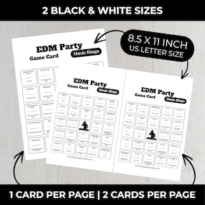 Op de afbeelding: Twee zwart-witte EDM Party Music Bingo-spelkaarten. De kaarten zijn 21,6 x 27,9 cm, US Letter-formaat. De tekst op de kaarten bevat "EDM Party Game Card" en "Music Bingo". De kaarten zijn ontworpen om te worden afgedrukt, &eacute;&eacute;n kaart per pagina of twee kaarten per pagina.
