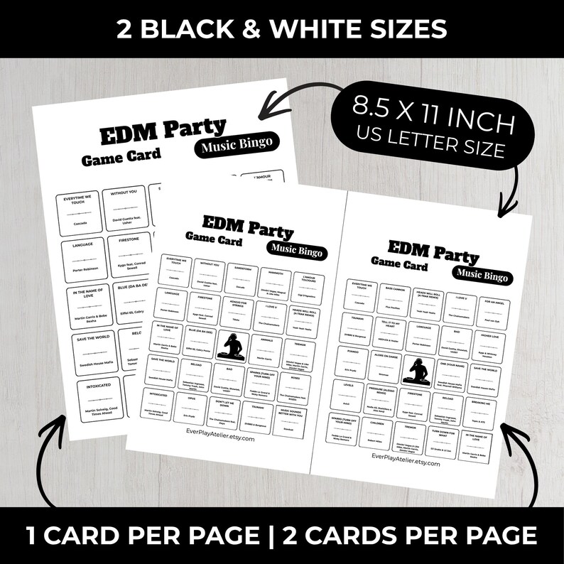 Op de afbeelding: Twee zwart-witte EDM Party Music Bingo-spelkaarten. De kaarten zijn 21,6 x 27,9 cm, US Letter-formaat. De tekst op de kaarten bevat "EDM Party Game Card" en "Music Bingo". De kaarten zijn ontworpen om te worden afgedrukt, &eacute;&eacute;n kaart per pagina of twee kaarten per pagina.
