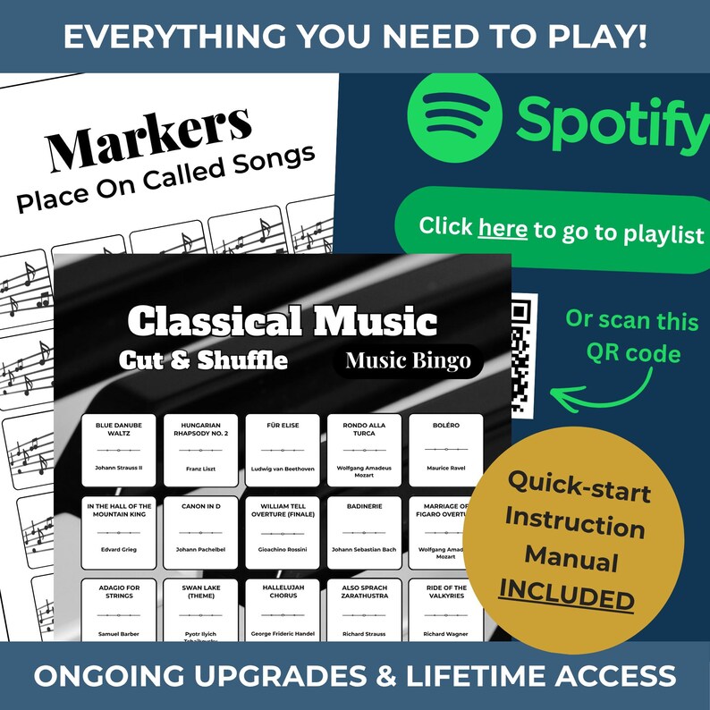 Op de afbeelding: Een spelset met de tekst "Classical Music Cut & Shuffle Music Bingo". Inclusief een snelstartinstructie. De set bevat kaarten met klassieke muziektitels en een Spotify-logo.