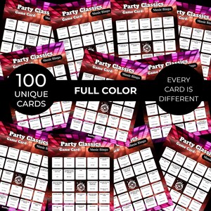 May include: A collection of "Party Classics Music Bingo" game cards. The cards are full color and feature a disco ball graphic. The text on the cards reads "100 Unique Cards" and "Every Card is Different".