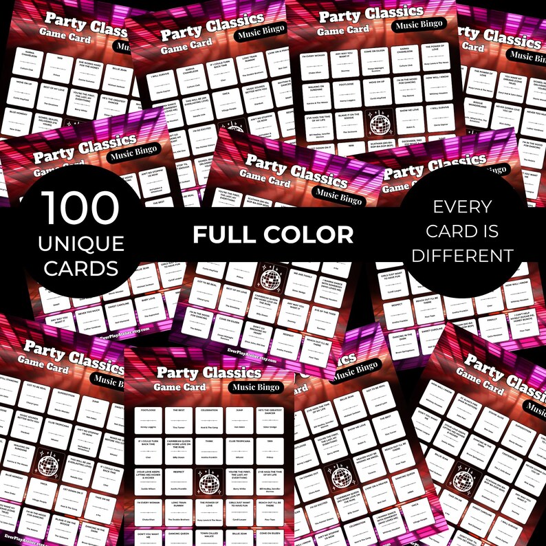 May include: A collection of "Party Classics Music Bingo" game cards. The cards are full color and feature a disco ball graphic. The text on the cards reads "100 Unique Cards" and "Every Card is Different".