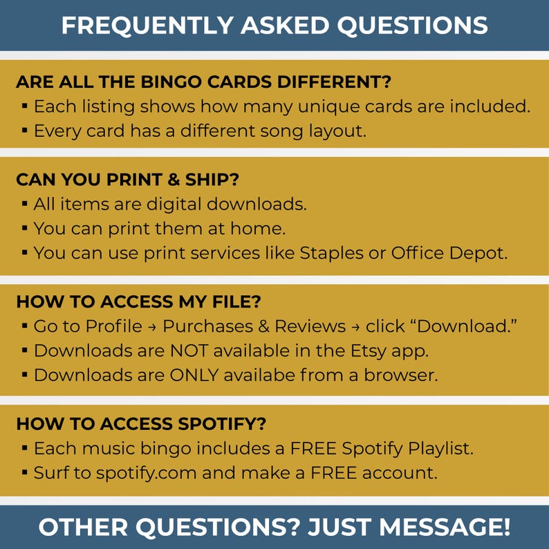 Puede incluir: Gr&aacute;fico con el t&iacute;tulo "FREQUENTLY ASKED QUESTIONS". La imagen responde preguntas sobre descargas digitales, acceso a archivos y listas de reproducci&oacute;n de Spotify. El fondo es de color amarillo mostaza con texto blanco y azul oscuro.